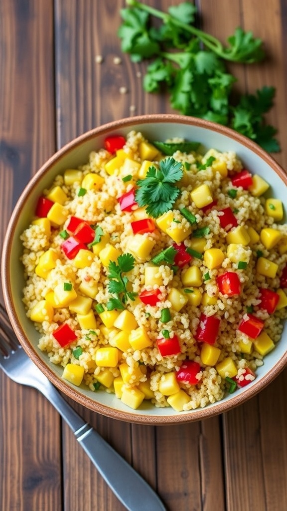 A vibrant corn and quinoa salad with sweet corn, red bell peppers, and herbs in a bowl on a wooden table.